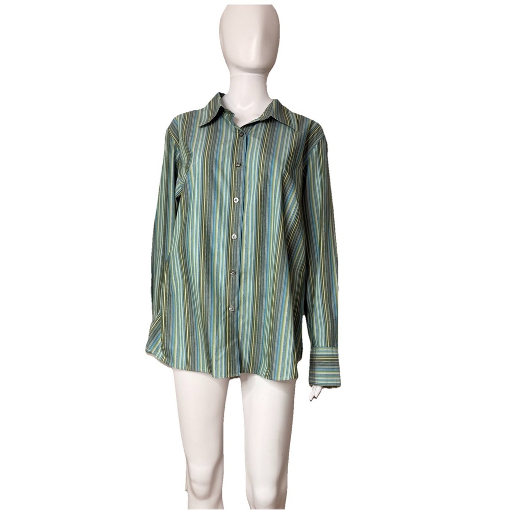 VTG Talbots Green Blue Striped women's Blouse Shirt Button Up Wrinkle Res-SZ-16W